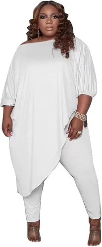 Huasemy Trajes de talla grande para mujer trajes deportivos de manga larga con hombros inclinados tops asimétricos pantalones ajustados conjuntos de