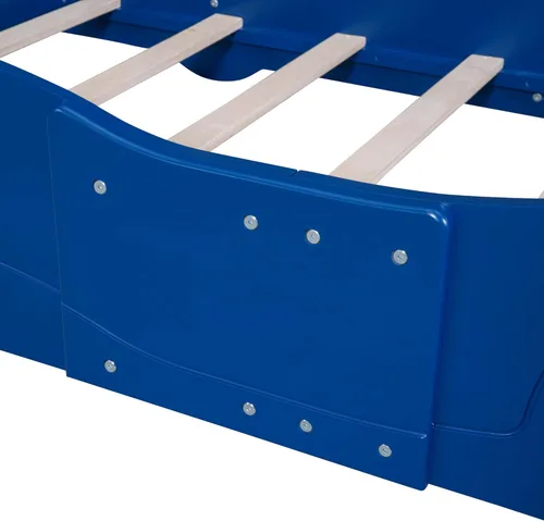 Miniatura 7 de Cama de plataforma con ruedas en forma de auto de carreras para niños, marco de cama de madera con listones de soporte, para niños, dormitorio