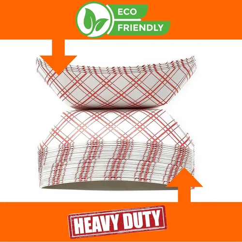 Miniatura 3 de Botes medianos de papel para alimentos, bandejas de papel a cuadros rojos y blancos. Mediano (1 libra). Paquete de 100, botes desechables