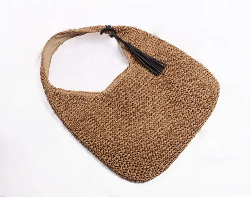 Miniatura 2 de Bolso de hombro de paja grande suave tejido a mano con borlas negras Boho paja asa tote retro verano playa bolsa de ratán bolso
