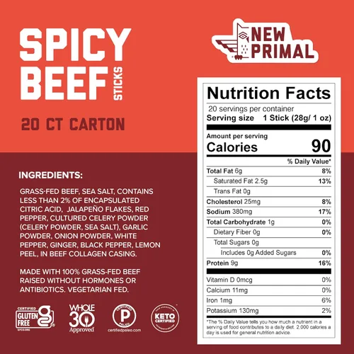 Miniatura 2 de The New Primal Palitos de carne de res alimentada con pasto, keto, bocadillos saludables sin gluten para adultos, sin azúcar, bajo en carbohidratos