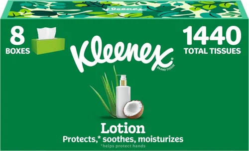 Kleenex Loción de pañuelos faciales con aceite de coco, 8 cajas planas, 180 pañuelos por caja, 3 capas