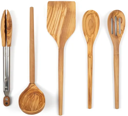 Salt & York Juego de utensilios de cocina de madera de olivo de 5 piezas, incluye espátula, pinzas, cuchara ranurada, cucharón y cuchara de 12