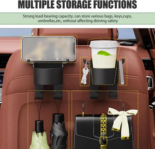 Miniatura 5 de 2 soportes para reposacabezas de asiento, 3 en 1, soporte multifuncional para teléfono celular, soporte colgante para bolso de compras, gancho