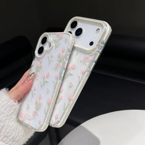 Miniatura 3 de Funda para iPhone 13, color blanco Funda para teléfono con diseño floral de tulipanes rosados para iPhone