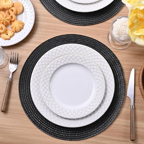 Miniatura 42 de Feuille Juego de 4 manteles individuales redondos trenzados para mesa de comedor, tejidos, lavables, antideslizantes, 13.5 pulgadas