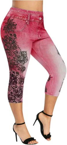 Leggings con aspecto de jean para mujer, cintura alta, control de abdomen, jeans falsos, estampado floral, pantalones capri elásticos para yoga