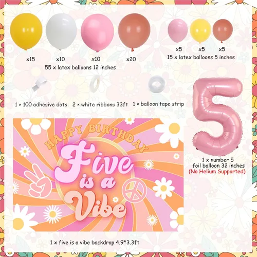 Miniatura 6 de Cheereveal Five is a Vibe - Decoraciones de fiesta de cumpleaños, Groovy Kit de guirnalda de arco de globos de 5º cumpleaños – Globo de aluminio