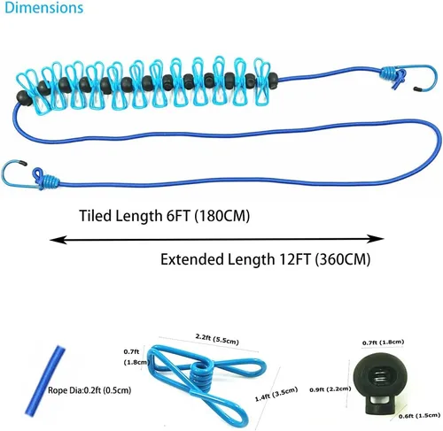 Miniatura 3 de Tendedero elástico ajustable con clips y bolas de posicionamiento, portátil, retráctil, resistente al viento, cuerda para colgar la ropa sucia, Azul