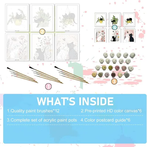 Miniatura 5 de Jethami Paquete de 6 pinturas por números para adultos principiantes, fácil de pintar con gato negro, kit de arte de lienzo para decoración de pared