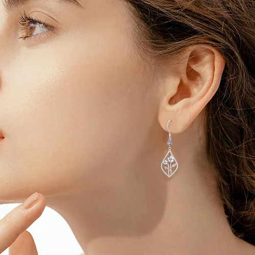 Miniatura 3 de Aretes de flor de nacimiento de plata de ley, aretes de gota de flor de mes de piedra natal, regalos de joyería de cumpleaños