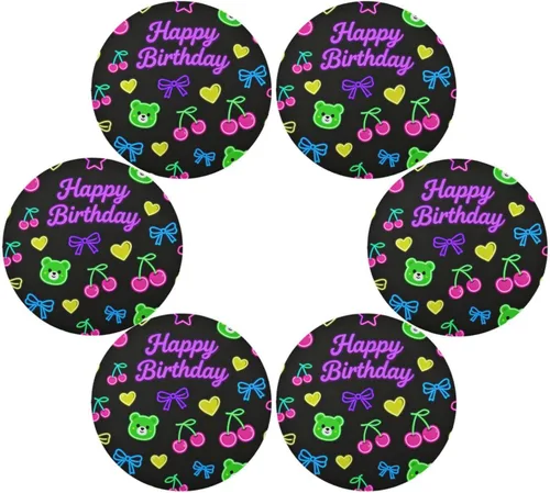 Miniatura 3 de Manteles individuales redondos de color negro a granel con oso de feliz cumpleaños para niños de 15 x 15 pulgadas individuales para mesa de comedor