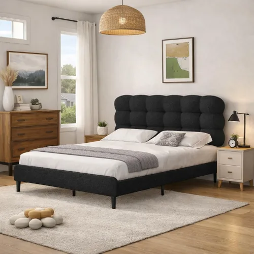 Miniatura 11 de Base de cama individual BarnFurin, cama plataforma con cabecero tapizado, base de cama de tela de bouclé suave con soporte de listones de madera