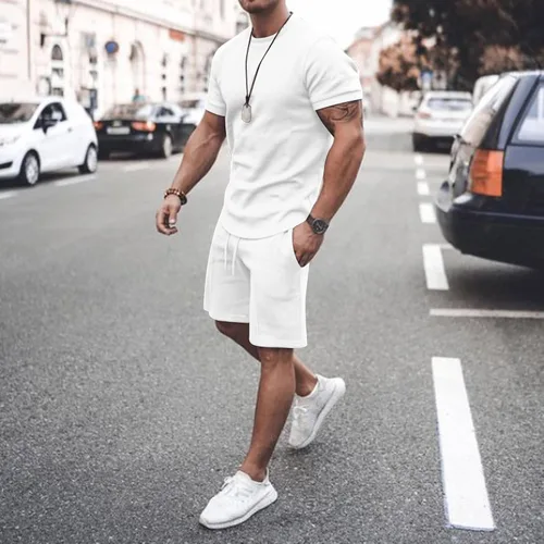 Miniatura 2 de Conjunto de 2 piezas de verano para hombre 2023, camisas de manga corta y pantalones cortos deportivos, conjunto deportivo