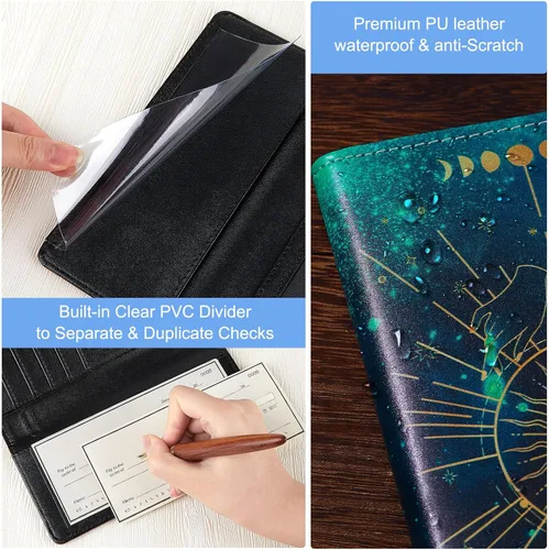 Miniatura 4 de Funda para chequera personal, cartera RFID con soporte para bolígrafo y divisor de plástico transparente integrado para cheques duplicados, Cielo
