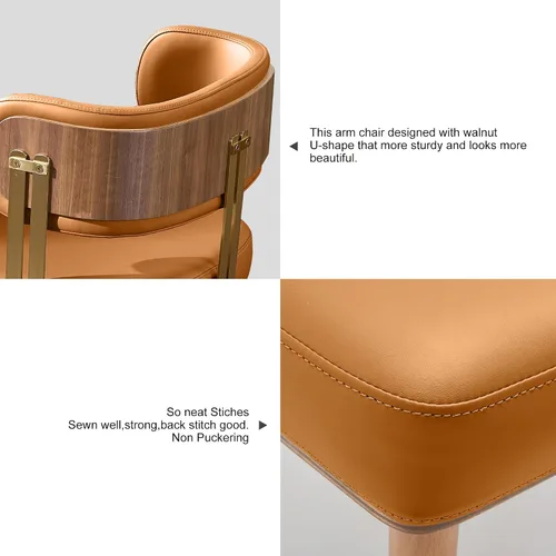 Miniatura 5 de ARTPLAN Mid-Century - Juego de 2 sillas de comedor tapizadas de cuero con chapa de madera de nogal y patas de metal dorado, cojín de espuma de alta
