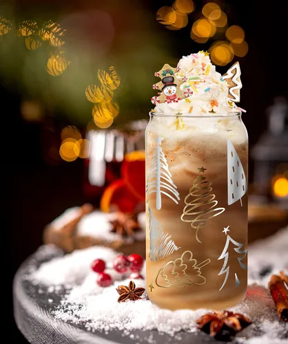 Miniatura 6 de Vasos de Navidad de 18 onzas para café helado de Navidad con tapas y pajitas, regalos de elefante blanco para adultos, vaso colorido de árbol