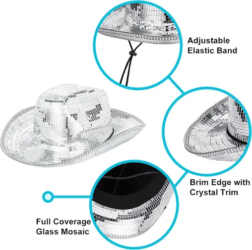 Miniatura 3 de Sombrero de vaquero de bola de disco para hombres y mujeres, con purpurina brillante, color plateado, sombrero de vaquera con espejo
