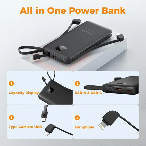 Miniatura 6 de TESSAN Cargador portátil con cables incorporados, banco de energía de 10000 mAh de carga rápida con enchufe AC plegable, batería compacta de 20W