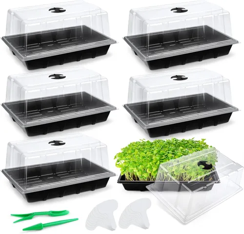 Hahood 6 paquetes de bandejas de inicio de semillas con cúpula de humedad, bandejas de cultivo de germinación de plástico con etiquetas de plantas,