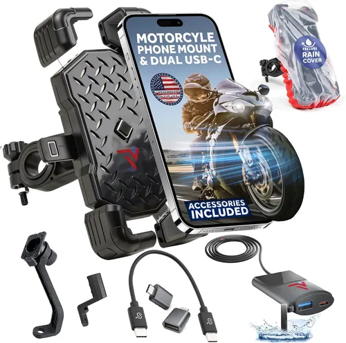 Soporte de teléfono para motocicleta con cargador USB (3.25-7 pulgadas), soporte impermeable para teléfono celular para motocicleta, ATV, moto de
