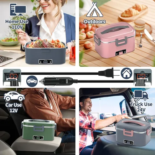 Miniatura 6 de Lonchera eléctrica térmica para adultos con 2 envases de 1.8L, interruptor de encendido/apagado de alimentación y 0.6L de doble capa, calentador