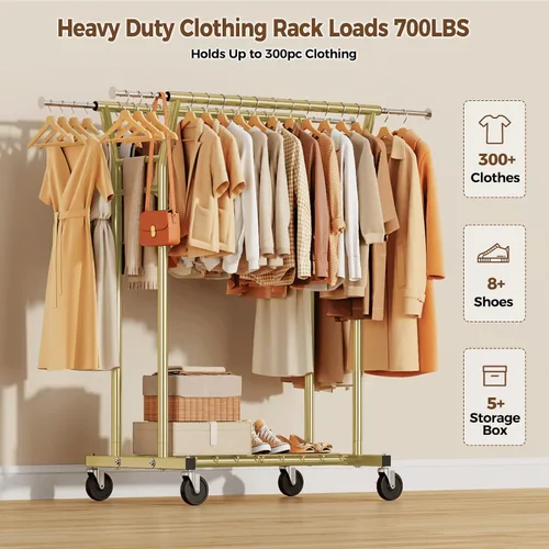 Miniatura 2 de HYSEYY Heavy Duty Clothes Rack, Rolling Clothing Rack for Hanging Clothes with Shelves Load 700LBS,Portable Garment Wardrobe Closet Rack with Wheels