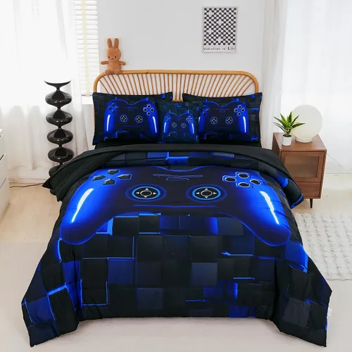 PERFEMET Juego de ropa de cama tamaño Twin en una bolsa, 6 piezas, juego de ropa de cama gaming para niños, edredón azul gamer con juego de sábanas