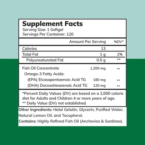 Miniatura 2 de Zaytun - Aceite de pescado Halal de 1200 mg Omega-3, EPA/DHA premium, uno por día, apoyo diario para el bienestar, suministro de 4 meses, sabor a