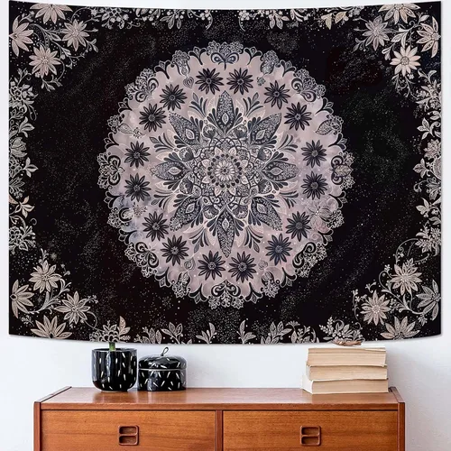 Miniatura 31 de Fowocu Tapiz bohemio con mandala floral para colgar en la pared, medallón de flores bohemias, tapiz estético, beige, naranja, hippie, indio, pequeño