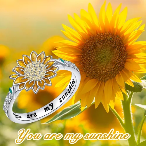 Miniatura 6 de Anillo de girasol de plata de ley 925 con circonita cúbica con texto en inglés "You are My Sunshine", anillos de flores para mujeres, mamá, esposa