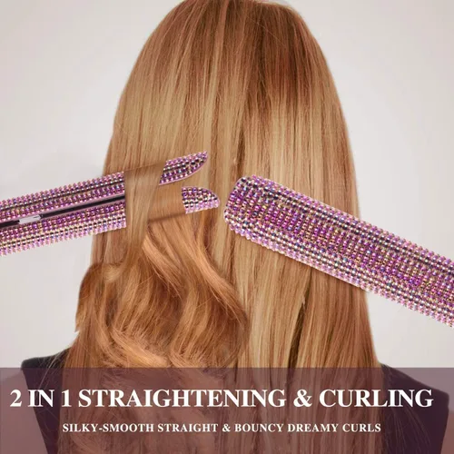 Miniatura 6 de Plancha plana de titanio con magnífico diamante de imitación de cristal, alisador y rizador de pelo 2 en 1, apagado automático de 60 minutos, Rosa