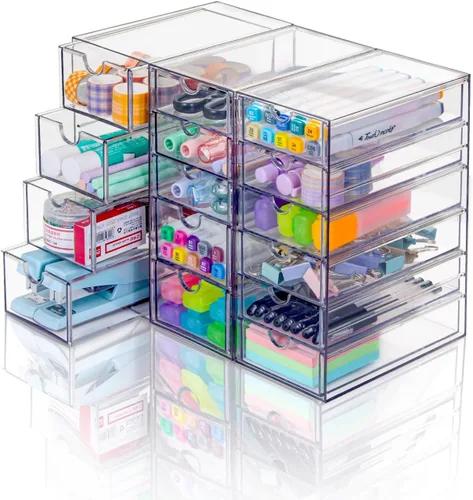 VZKAH Organizador de acrílico transparente con cajones | Unidad de escritorio de 15 cajones | Organizador de maquillaje y escritorio y caja de