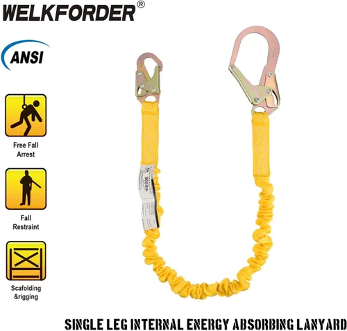 Miniatura 2 de Cordón de Seguridad Extensible de Una Sola Pierna de 6 Pies con Protección contra Caídas y Absorción de Impactos Interna con Conectores de Gancho