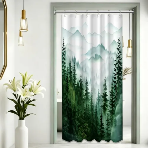 Miniatura 49 de Cortina de ducha azul marino de bosque Cortina de ducha azul oscuro de montaña y naturaleza para decoración de baño de hombres, tela impermeable