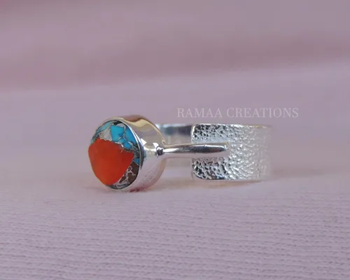 Miniatura 3 de Spiny Oyster Copper Turquoise Ring Handmade Round Turquoise Silver Ring Statement Handmade Jewelry Sterling Silver 925