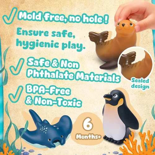 Miniatura 5 de 6 juguetes de baño oceánico para niños pequeños de 6 meses, sin hoyos, juguetes de bañera sin moho, ballena, tiburón, delfín, pingüino, juego