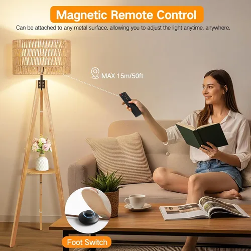 Miniatura 28 de OUTON - Lámpara de pie de trípode de madera con estantes, lámpara de pie de mediados de siglo con control remoto, 4 temperaturas de color, lámpara