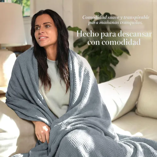 Miniatura 3 de Threadmill Mantas de algodón de lujo para cama tamaño King Manta acogedora 100% algodón tamaño King para todas las estaciones Manta térmica Gris