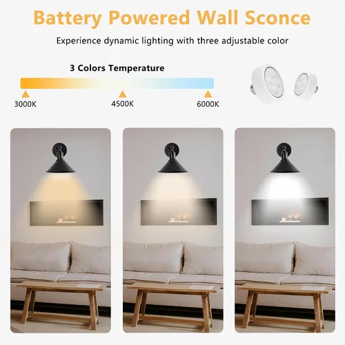 Miniatura 5 de Juego de 2 apliques de pared inalámbricos vintage negros a pilas, luces LED inalámbricas con control remoto, para dormitorio, casa de campo