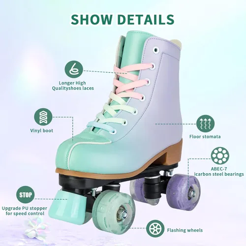 Miniatura 5 de Gets Patines altos para mujer, piel sintética, cuatro ruedas, doble fila, brillante, para interiores y exteriores Destello verde púrpura