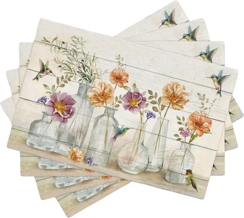 Miniatura 9 de Juego de 4 manteles individuales florales y colibríes, lavables, para decoración del hogar, fiesta, interior, cocina, comedor, 12 x 18 pulgadas