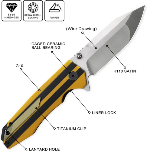 Miniatura 2 de Petrified fish PFP08 - Cuchillo de bolsillo de megacate, hoja de satén de acero K110 de 3.58 pulgadas, mango G10 de 5.64 onzas, cuchillo plegable