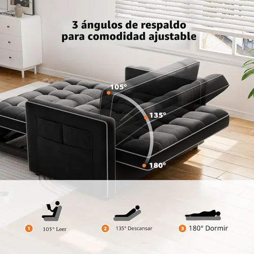 Miniatura 5 de Pipishell Sofá cama 3 en 1, sofá cama extraíble para sala de estar con puertos USB y bolsillos laterales, respaldo ajustable, sofá biplaza