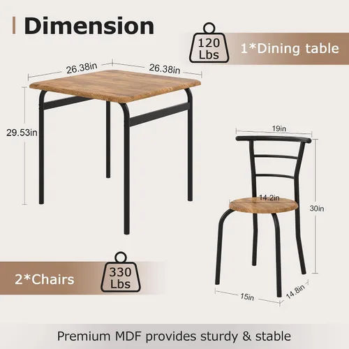 Miniatura 2 de VECELO Juego de mesa y sillas de comedor de 3 piezas para 2, juego de comedor cuadrado de metal y madera para espacios pequeños, rincón de desayuno