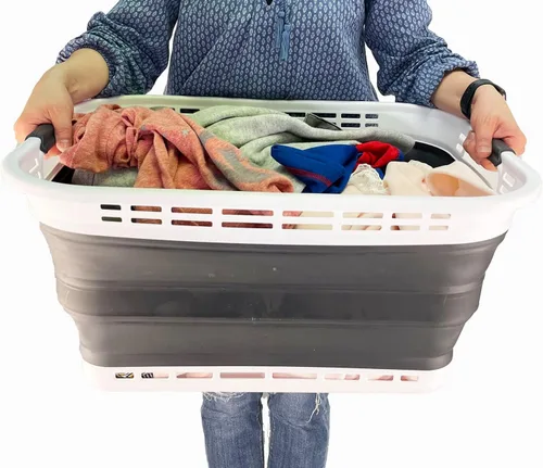 Miniatura 4 de SAMMART Cesta plegable de plástico para la ropa sucia de 42L (11 galones), contenedor de almacenamiento plegable y organizador, tina de lavado