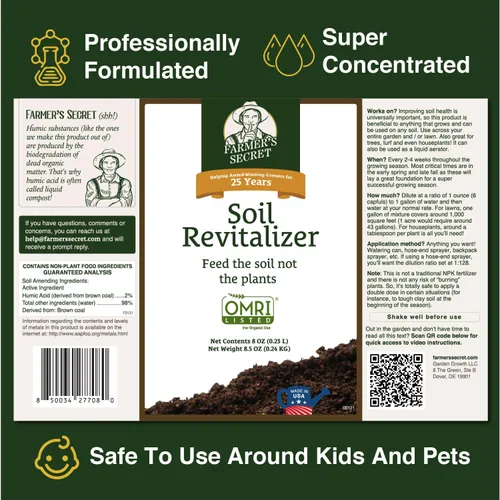 Miniatura 2 de Farmer's Secret Soil Revitalizer (8 onzas) - Refuerzo de suciedad beneficioso orgánico (listado OMRI) - Ácido húmico activado - Enmienda de suelo