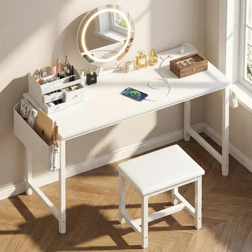 Mesa de tocador blanca con espejo iluminado, escritorio blanco de 47 pulgadas con espejo, luces y silla, juego de tocador de maquillaje con toma de