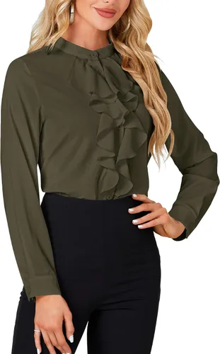 Miniatura 4 de LYANER - Blusa de cuello alto con botones, volantes en el frente, manga larga, camisa de trabajo para mujer