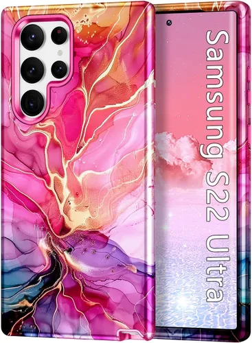 Miniatura 25 de Btscase Funda para Samsung Galaxy S22 Ultra 5G, patrón de mármol 3 en 1, resistente a prueba de golpes, cuerpo completo, policarbonato duro